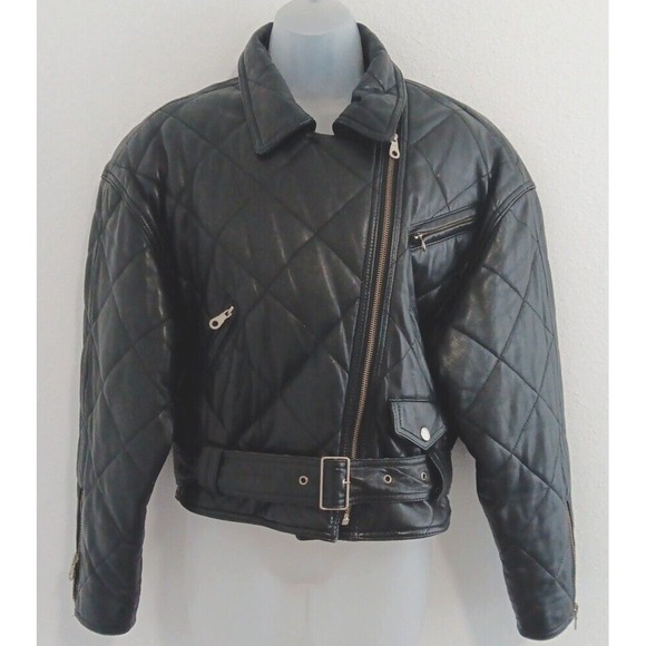 Jackets & Blazers - Green Field Leather Jacket Womens Medium MOTO Black Belted Motorcycle Grunge VTG